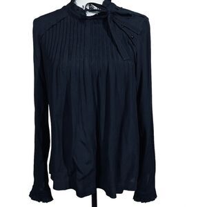 Suncoo Paris black top with neck bow pleated blouse size S goth academia baddie